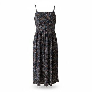 Women's Size Large Floral Maxi Dress Spaghetti Straps Blue Pockets Boho